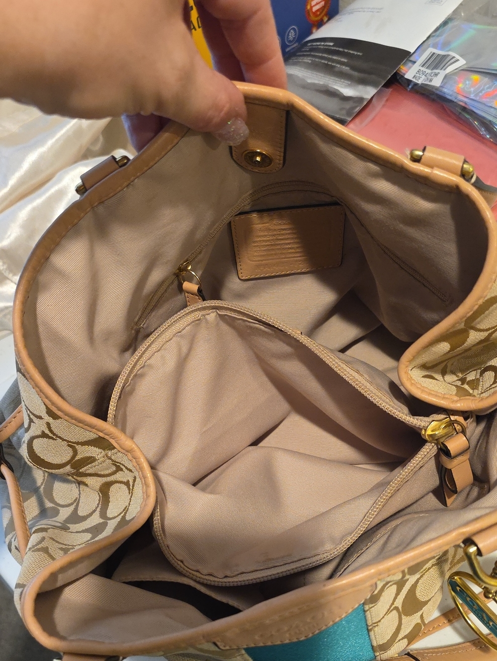 Coach Tan Signature Canvas Tote with Teal Center Stripe - Picture 10 of 16